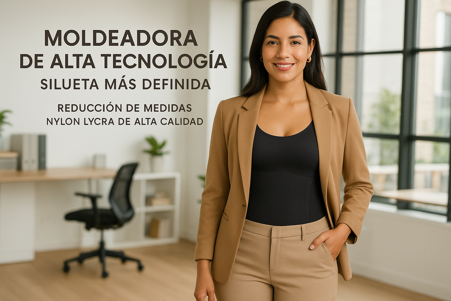 gerar uma uma imagem
Mulher colombiana, com estilo casual no trabalho
Usando a moldeadora de alta tecnología que se adapta perfectamente a tu cuerpo silueta más definida
Texto em espanhol colombiano
Tema: Redução de medidas Fabricada con nylon lycra de alta calidad, suave al tacto y flexible. Ideal para usar en casa, en el trabajo o en una ocasión especial.
