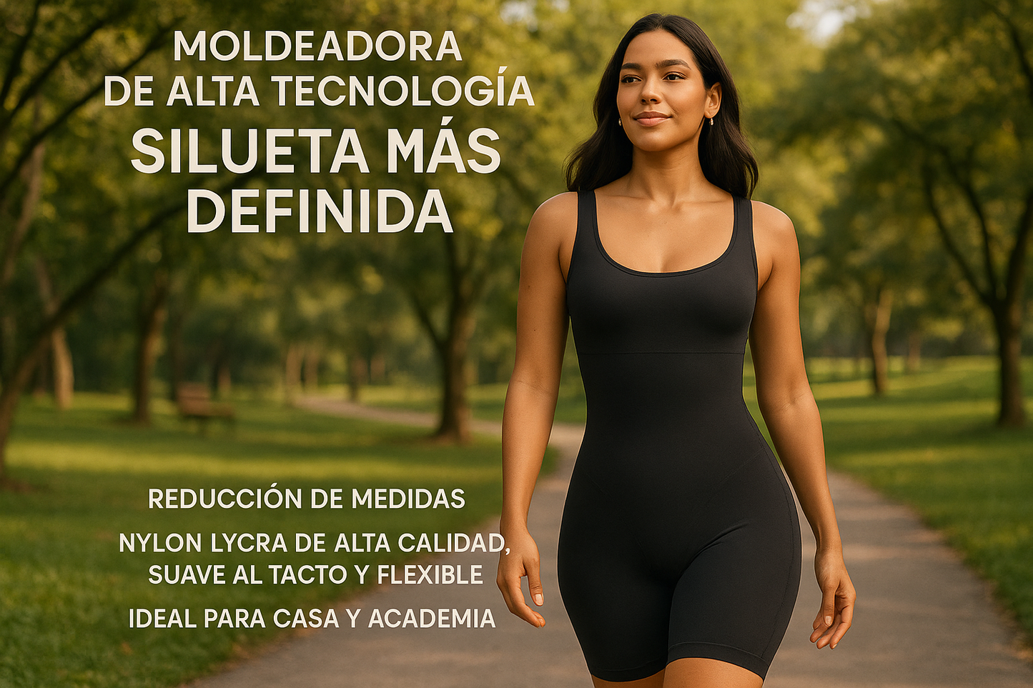 Mulher colombiana, caminhando no parque
Usando a moldeadora de alta tecnología que se adapta perfectamente a tu cuerpo silueta más definida
Texto em espanhol colombiano
Tema: Redução de medidas Fabricada con nylon lycra de alta calidad, suave al tacto y flexible. Ideal para usar en casa, academia