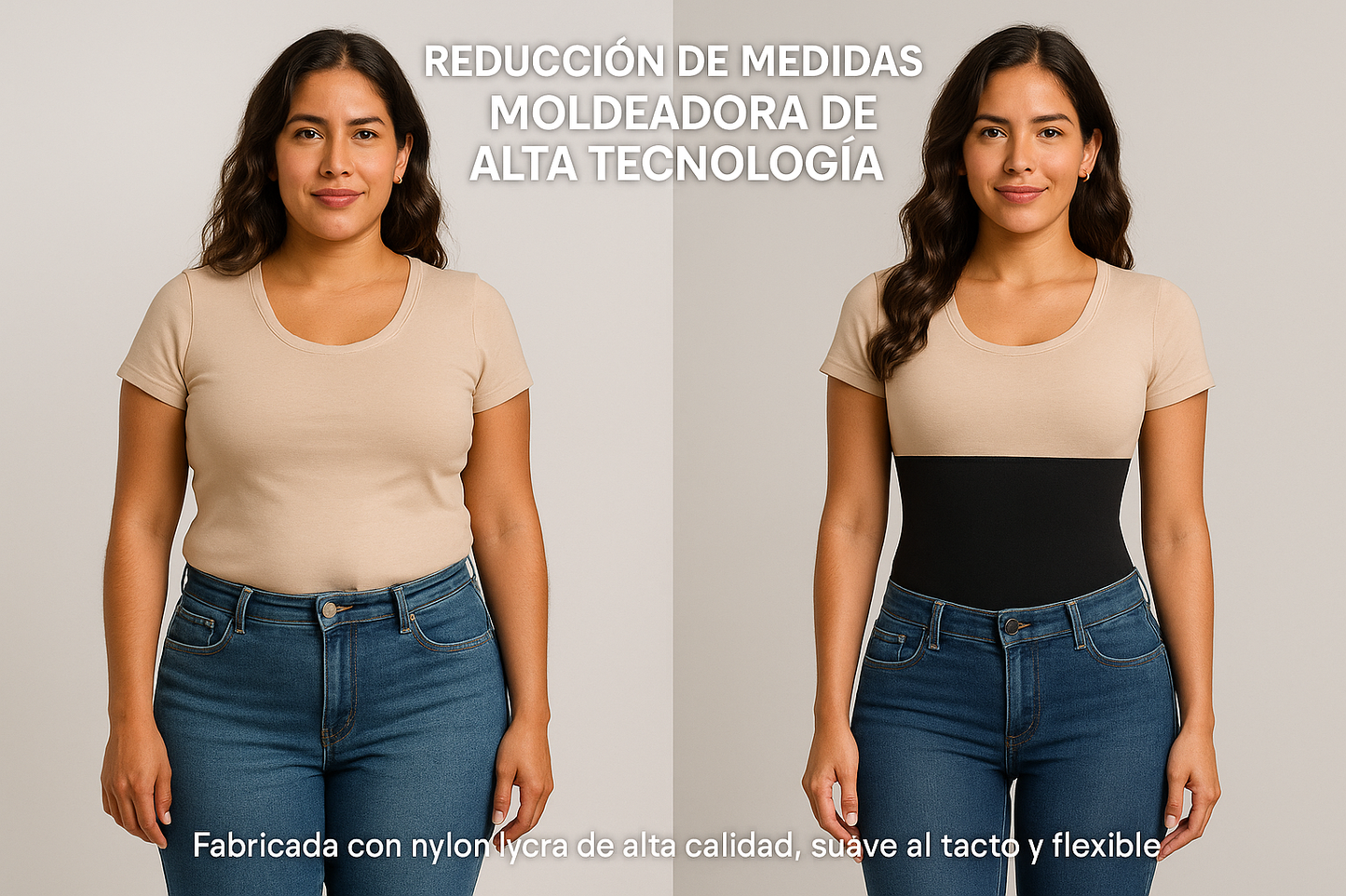 Mulher colombiana, com estilo casual vestindo jeans
Usando a moldeadora de alta tecnología que se adapta perfectamente a tu cuerpo silueta más definida
Texto em espanhol colombiano
Tema: Redução de medidas Fabricada con nylon lycra de alta calidad, suave al tacto y flexible. foto com a modeladora e sem a modeladora